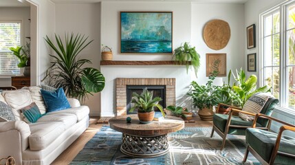 Hanging above fireplace mantel, Indoor-Outdoor Living, Design, Pop of Color, The frame hangs above the fireplace mantel, surrounded by potted plants and accented with pops of vibrant greenery