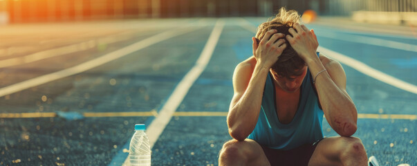 A runner sits on the track in despair, his hands on his head. The setting sun casts a long shadow over the track.