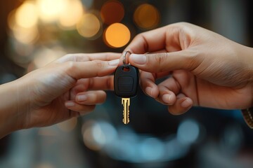 Close-up of hands exchanging car keys with a contract of lease, focus on the details of the keys and documents, high detail,