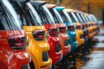 Corporate fleet of various car-sharing vehicles parked at a business park, ready for use by traveling professionals, emphasizing variety and accessibility