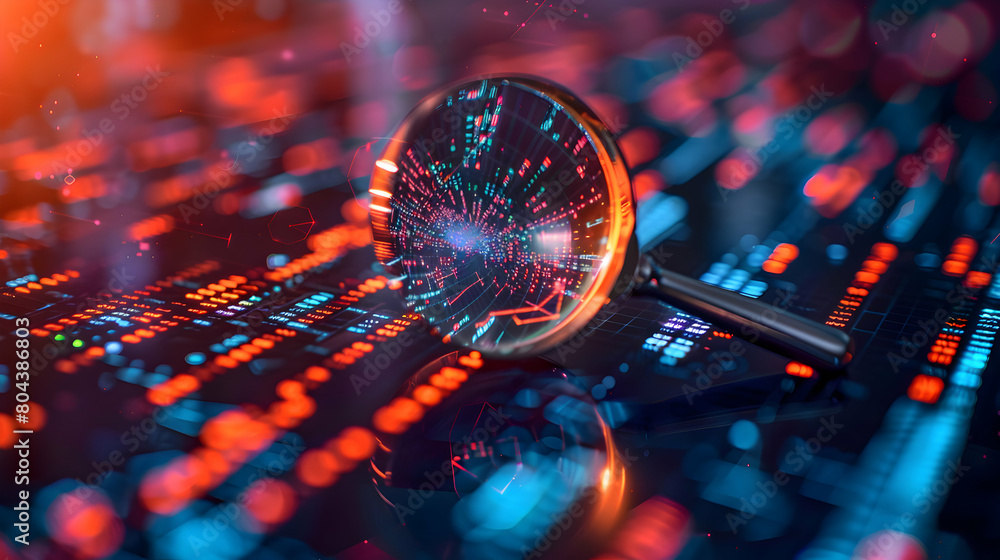 Poster analytical abstract: magnifying glass analyzing data patterns for data-driven businesses