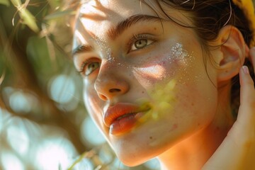  the portrait of the beautiful woman remains a steadfast symbol of beauty and resilience, her sunscreen-protected face a testament to the harmony found between humanity and the natural world