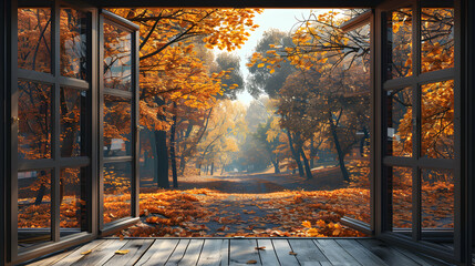 Scenic View of Autumn Avenue Beyond Window for Seasonal Promotions and Events in Relax Area - Photo Real Concept