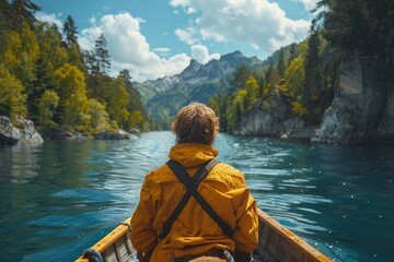 Person donning a yellow jacket rowing a boat in a majestic mountainous lake setting with forest outskirts