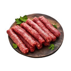 raw cevapi meat on a wooden plate . Clipart PNG image . Transparent background