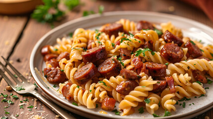 Delicious pasta with sausage on plate