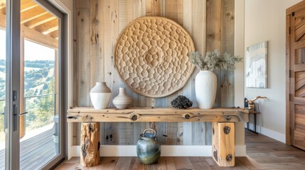 Placed on rustic wooden console table, Open Floor Plan, Indoor-Outdoor Living, Geometric Patterns, The frame is placed on a rustic wooden console table positioned against a wall adjacent