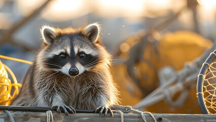Raccoon in fishing gear patiently waits on city pier, portraying humanized village life. Concept Animal Photography, Cityscape, Fishing, Anthropomorphism, Wildlife in Urban Settings