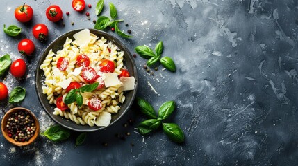 A staple food recipe featuring a bowl of pasta with tomatoes and basil, served on a sleek black...