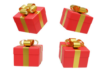 3D illustration of a red gift box icon tied with a shiny gold ribbon. Isolated on a transparent background. For festivals such as Christmas, Valentine's Day, birthdays, decorations, banners.