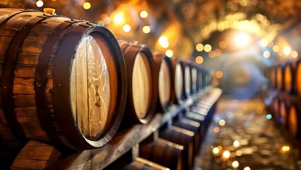 Exploring a Wine Cellar Filled with Vintage Wooden Barrels. Concept Wine Cellar Exploration, Vintage Barrels, Wooden Decor, Winemaking Process, Cellar Tasting Session - obrazy, fototapety, plakaty