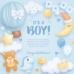 Baby shower square invitation, greeting card or web banner with cartoon hot air balloon, toys, crescent moon and helium balloons on blue background. It's a boy © AM_art