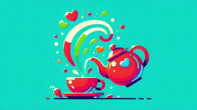 Vibrant and playful whimsical tea pot pouring a magical stream of tea into a colorful cup, surrounded by floating hearts and playful splashes on a teal background