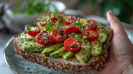 Avocado Toast with Tomatoes and Sesame Seeds