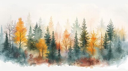 Watercolor hand drawn forest scene, a serene mix of coniferous and deciduous trees in bright pastels, capturing a peaceful, heartfelt ambiance