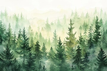 Fototapeta premium Serene and heartfelt watercolor illustration of a forest, featuring lush coniferous and deciduous trees, drawn in soft pastel hues, inviting relaxation and peaceful environment