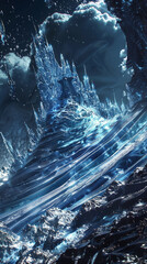 A mystical blend of deep blue and icy silver waves, rising majestically, reminiscent of a wizard's powerful spell.