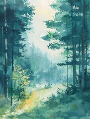 Bright pastel watercolor of a tranquil forest with a blend of coniferous and deciduous trees, hand drawn to evoke serenity and peacefulness