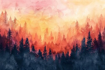 Gentle watercolor illustration, coniferous and deciduous trees in a forest setting, using bright pastels to create a relaxing and serene atmosphere