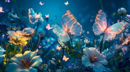 A vibrant, virtual garden filled with fluorescent flowers and glowing, ethereal butterflies, set against a deep, midnight blue background, creating an enchanting and magical atmosphere. 32k,