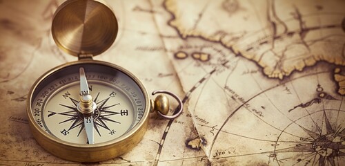 A vintage, brass compass, its needle pointing north, placed on an old map with faded lines and landmarks, set against a light, sepia-toned solid background