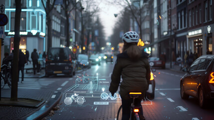 A person is riding a bike down a street with a digital overlay of cars and other vehicles. The overlay shows the person's bike as a car, and the person is wearing a helmet
