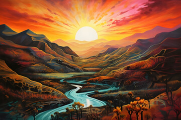 fascinating valley sunrise, abstract landscape art, painting background, wallpaper, generative ai