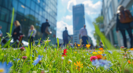 Bright and lively photograph of office workers walking in motion blur through an urban cityscape,...