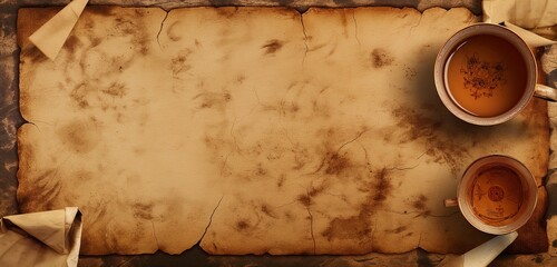 A vintage, parchment paper background, its edges darkened with the patina of age, and the center adorned with an elegant, sepia-toned tea stain, evoking a sense of history and time passed. 32k, 