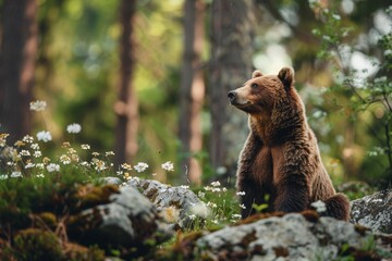 a brown bear sitting on the grass in the forest