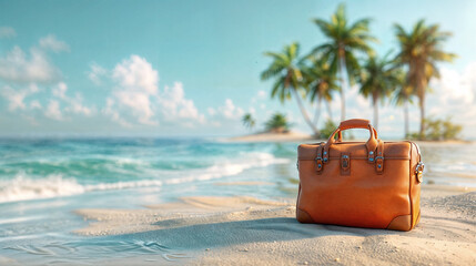 A brown travel bag standing on a tropical beach with palm trees in the background