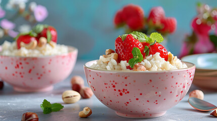 Delicious rice pudding with strawberry and hazelnuts 