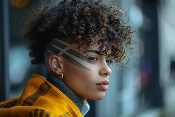 A man with a trendy and fashion-forward geometric undercut hairstyle, featuring bold lines and sharp angles top view