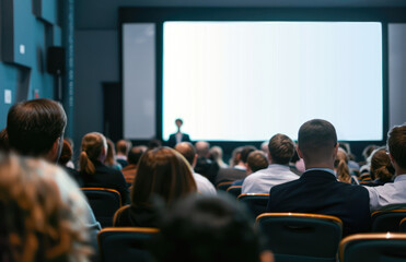 an audience from the front and side views, with people sitting in chairs watching someone on stage presenting to them. A white screen for presentations is on a big wall behind the conference room