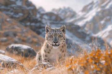 a snow leopard in the mountains of the Himalaya approaching to camera