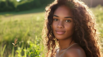 A realistic photograph of a beautiful black woman in her 20s, showcasing her long, full hair caught in a gentle breeze