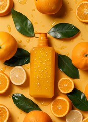 a straight verticle shampoo bottle nestled in oranges flat lay photography 