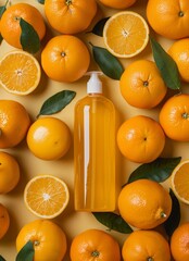 a straight verticle shampoo bottle nestled in oranges flat lay photography 