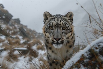 a snow leopard in the mountains of the Himalaya approaching to camera