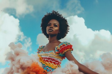 Young black woman wearing multicolored crocheted top and airy skirt, unusual collage photo with clouds, fashion magazine cover style, AI generated image - obrazy, fototapety, plakaty
