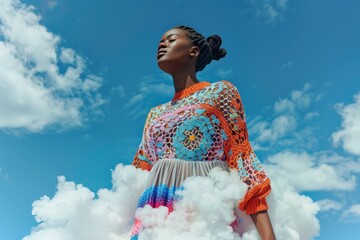 Young black woman wearing multicolored crocheted top and airy skirt, unusual collage photo with clouds, fashion magazine cover style, AI generated image - obrazy, fototapety, plakaty