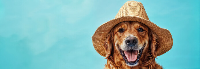 Portrait of a happy golden retriever dog wearing a sunhat on a pastel blue background with copyspace for text