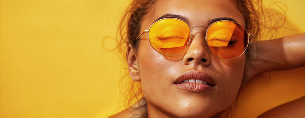 Closeup of the face of a young brunette woman wearing sunglasses and enjoying the summer sun, on a yellow background with space for text