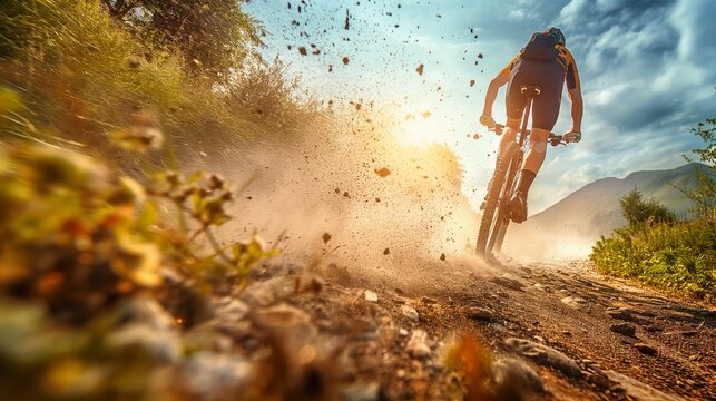 Thrilling Mountain Biking Scene with Cyclist Speeding Down Dusty Trail in Summer
