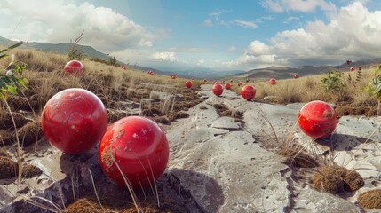 some red balls on a piece of land, in the style of surreal cyberpunk iconography