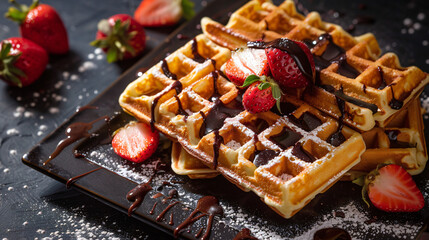 Delicious waffles with strawberries and chocolate saucE