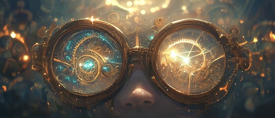 Steampunkinspired glasses with intricate magic runes, sparking electric arcs, set against a steely, beautiful backdrop ,ultra HD,digital photography