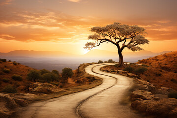 A winding country road leading into the warm embrace of the sunset, isolated on solid white background.