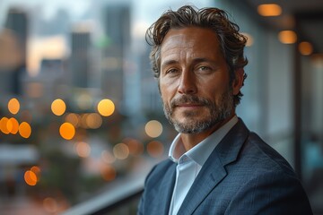 Obraz premium Confident middle-aged Caucasian male executive presenting in a high-tech boardroom, dynamic lighting, dressed in a modern suit, the city skyline in the background