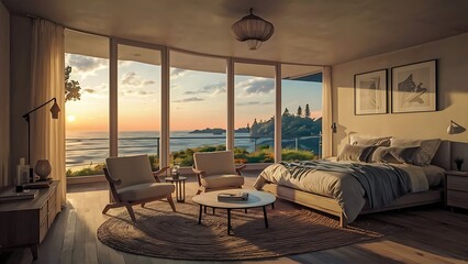 Inside a beach condo looking out into the ocean sunsetting reflective lighting.